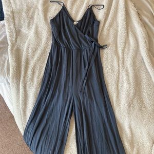 Blue Spaghetti V Neck Wrap Jumpsuit
